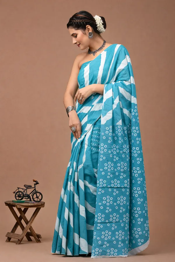 Turquoise_&_White_Cotton_Block_Prints_Saree_For_Women