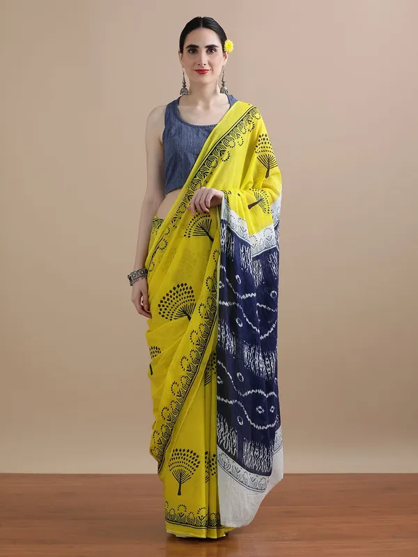 Yellow_Blue_Printed_Pure_Cotton_Mulmul_Saree_with_Blouse