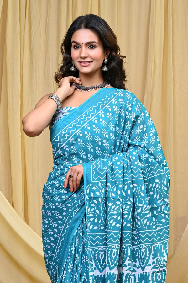 Turquoise_Mulmul_Cotton_Saree_for_Women_With_Blouse_Piece_|_Soft_Cotton_Sari_for_Women_(Trishul)