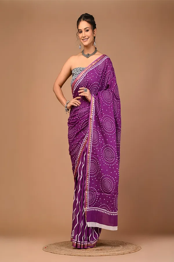 Purple_Cotton_Block_Prints_Saree_For_Women_with_Zari_Border