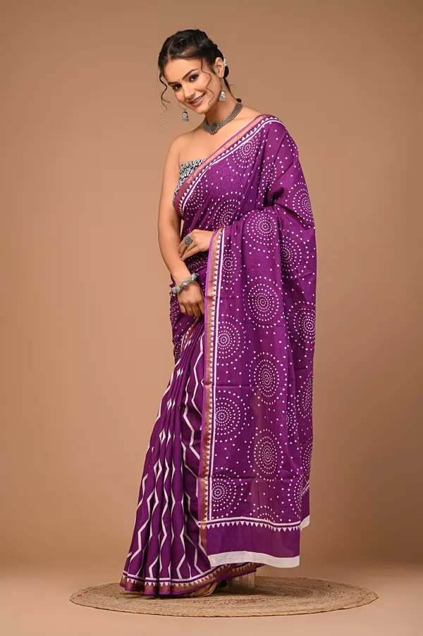 Purple_Cotton_Block_Prints_Saree_For_Women_with_Zari_Border
