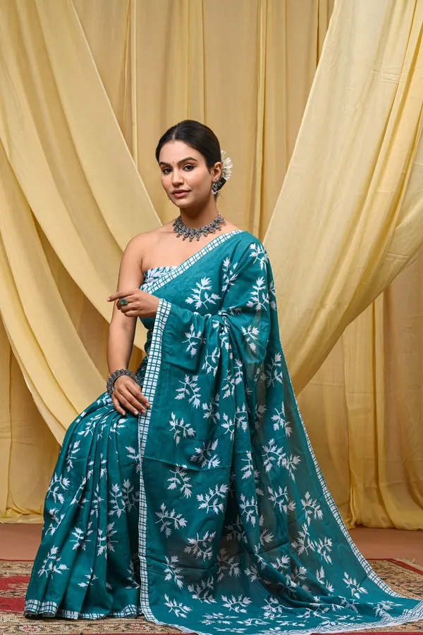 Turquoise_Mulmul_Cotton_Saree_for_Women_With_Blouse_Piece_|_Soft_Cotton_Sari_for_Women_(Khajoor)