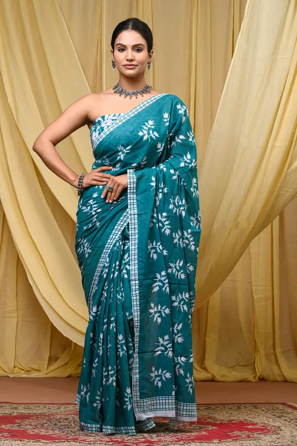 Turquoise_Mulmul_Cotton_Saree_for_Women_With_Blouse_Piece_|_Soft_Cotton_Sari_for_Women_(Khajoor)