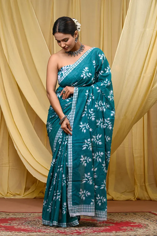 Turquoise_Mulmul_Cotton_Saree_for_Women_With_Blouse_Piece_|_Soft_Cotton_Sari_for_Women_(Khajoor)