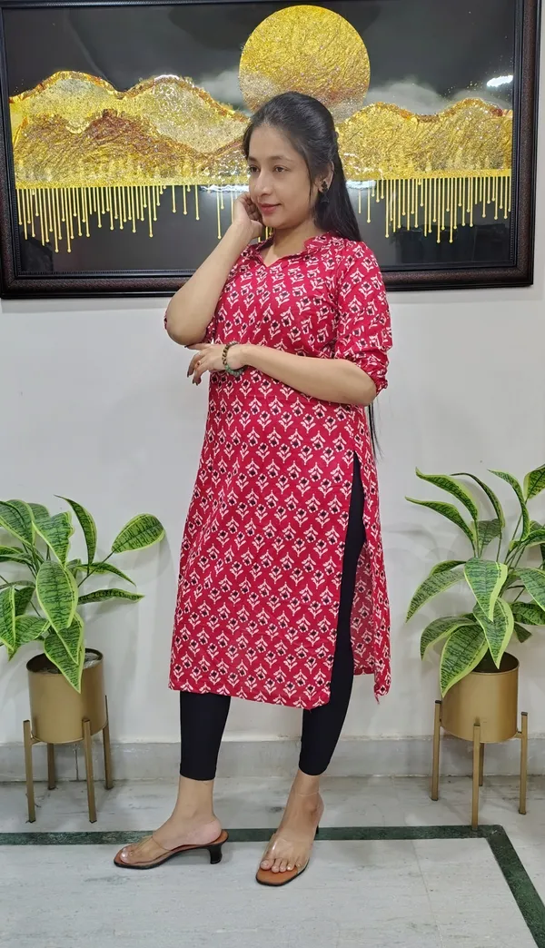 Red_Floral-Print_Cotton_Kurta_With_Collar_Neck_And_Elastic_Adjustable_Sleeves_For_Women