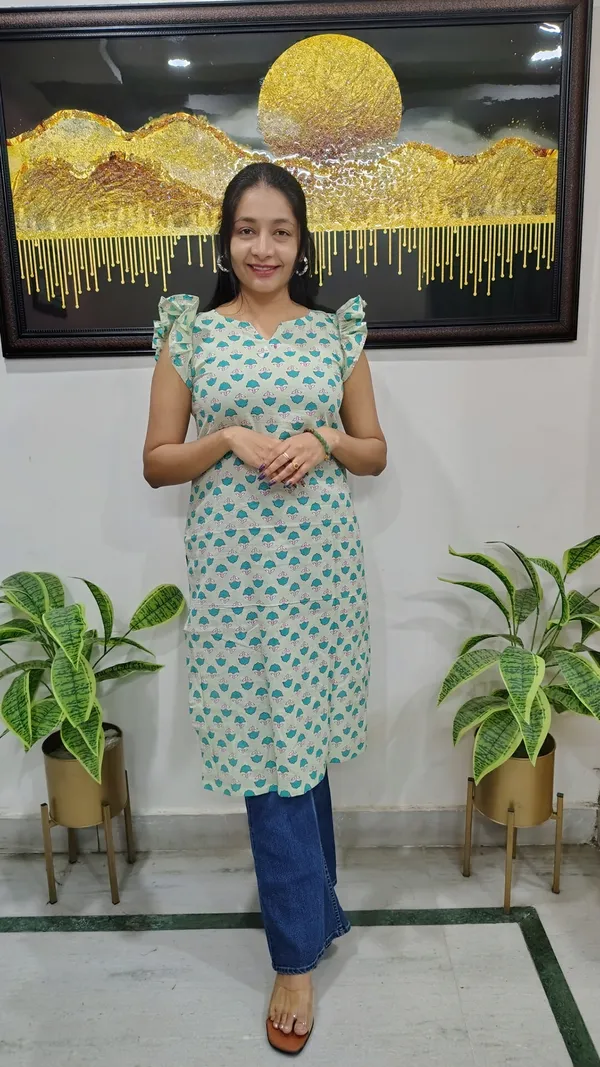 Light-Green_Umbrella-Print_Light_Kurta_Featuring_Ruffle_Sleeves_For_Women
