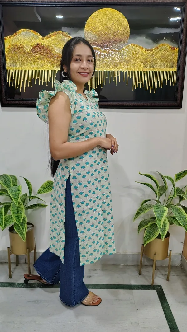 Light-Green_Umbrella-Print_Light_Kurta_Featuring_Ruffle_Sleeves_For_Women