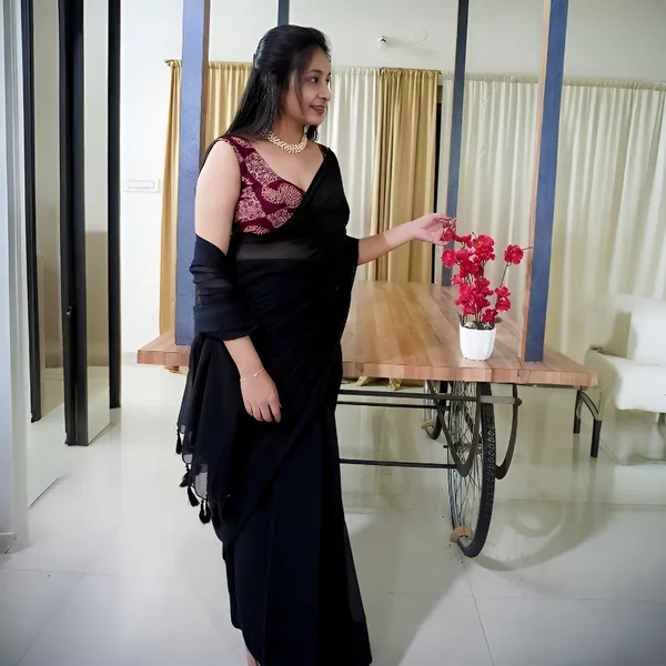 Black_Georgette_Custom_Tassel-Stitched_Saree_With_A_Tail_Ajrakh_Print_Padded_Blouse_For_Women