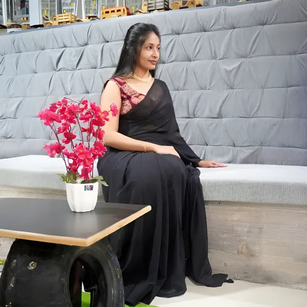 Black_Georgette_Custom_Tassel-Stitched_Saree_With_A_Tail_Ajrakh_Print_Padded_Blouse_For_Women