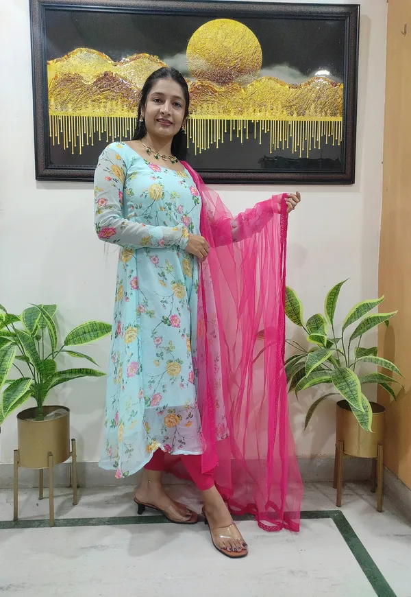 Light_Blue_Blooming_Light_Floral_Print_Anarkali_With_Matching_Net_Dupatta_For_Women