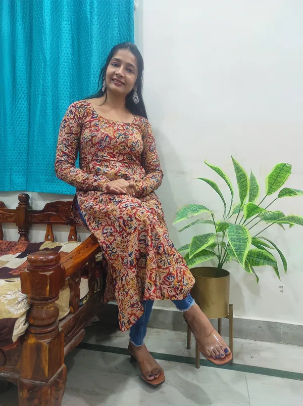 Red_Elegant_Kalamkari_Frilled_Kurta_For_Women