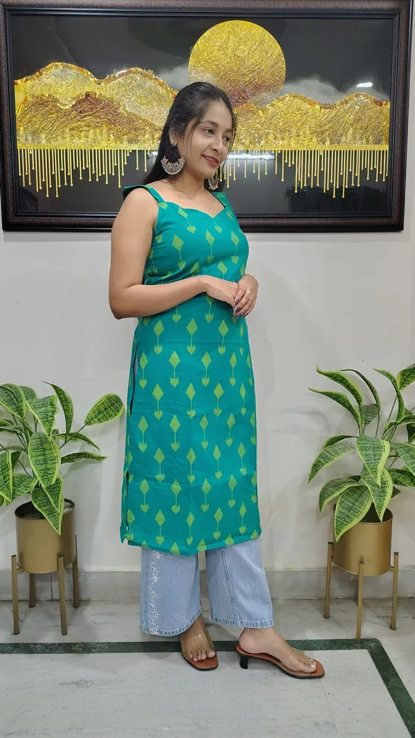 Teal_Ikat-Print_Cotton_Kurta_Featuring_Leaf_Sleeves_For_Women
