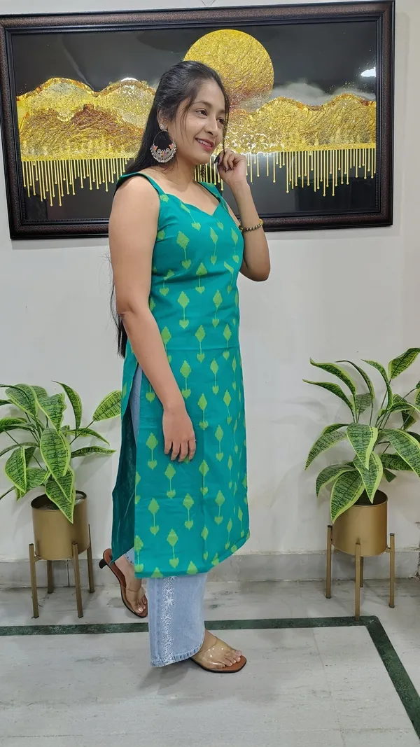 Teal_Ikat-Print_Cotton_Kurta_Featuring_Leaf_Sleeves_For_Women