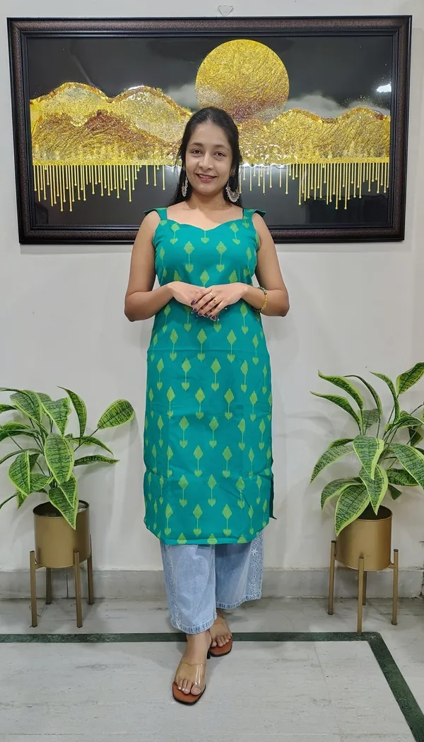 Teal_Ikat-Print_Cotton_Kurta_Featuring_Leaf_Sleeves_For_Women