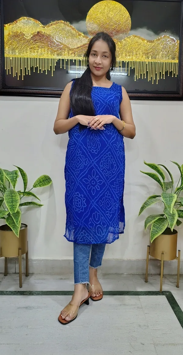 Royal_Blue_Royal_Bandhani-Print_Sleeveless_Georgette_Kurta_With_Back_Pearl_Lace_For_Women
