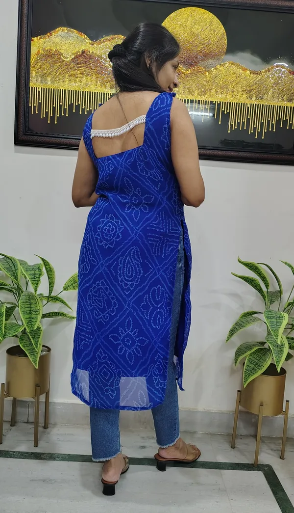 Royal_Blue_Royal_Bandhani-Print_Sleeveless_Georgette_Kurta_With_Back_Pearl_Lace_For_Women