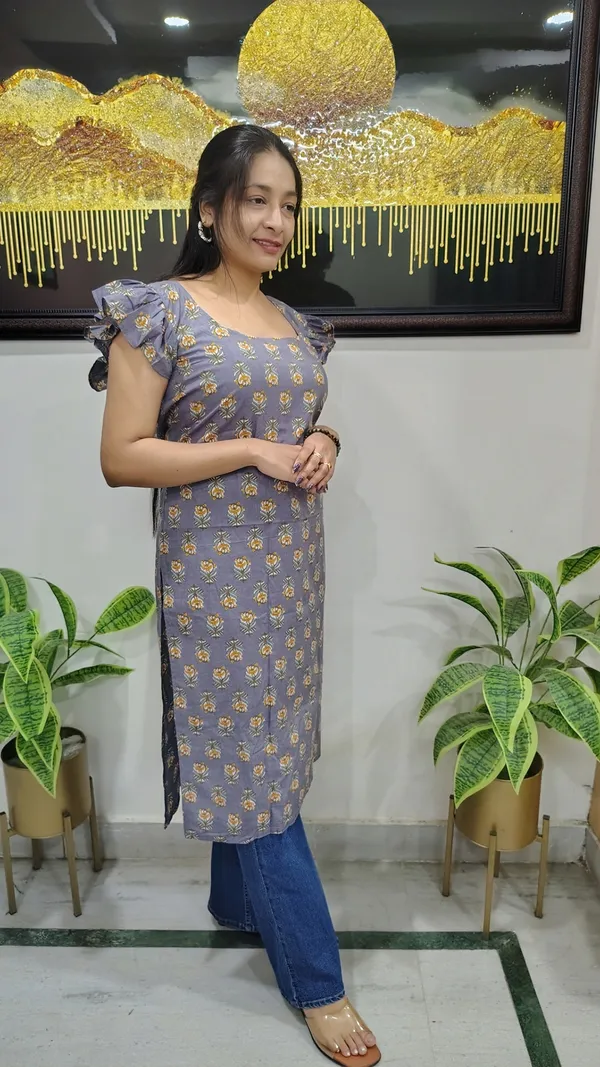 Cyan_Light_Floral_Print_Cotton_Kurta_With_Ruffle_Sleeves_For_Women