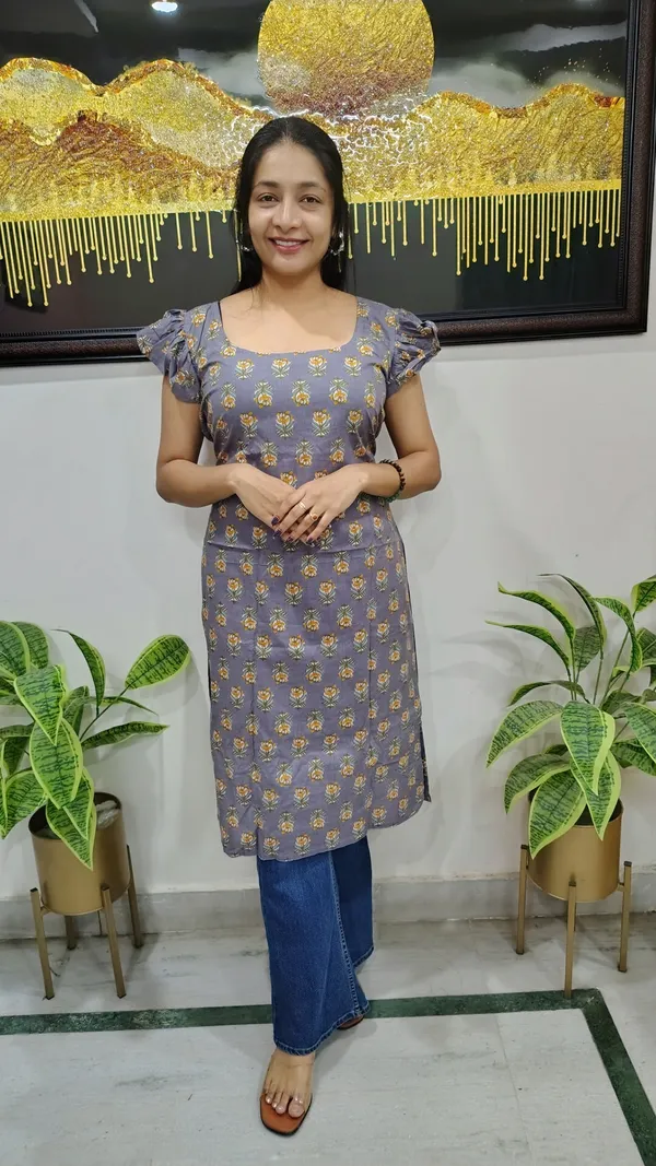 Cyan_Light_Floral_Print_Cotton_Kurta_With_Ruffle_Sleeves_For_Women