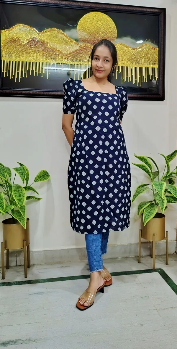Navy_Blue_Bandhani_Printed_Cotton_A-Line_Kurti_With_Puff_Sleeves_For_Women