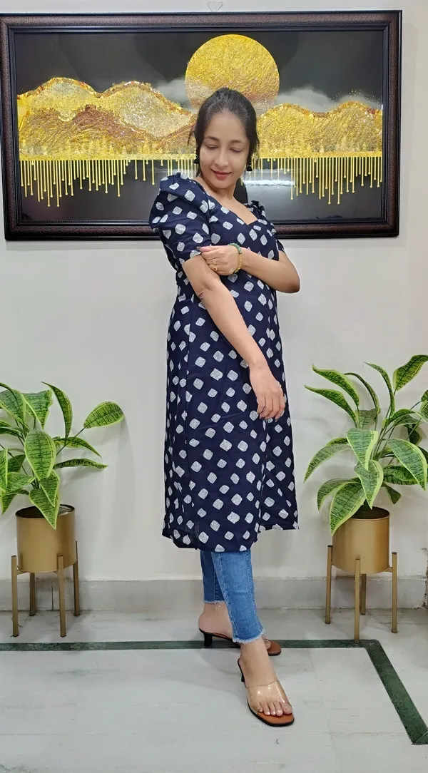 Navy_Blue_Bandhani_Printed_Cotton_A-Line_Kurti_With_Puff_Sleeves_For_Women
