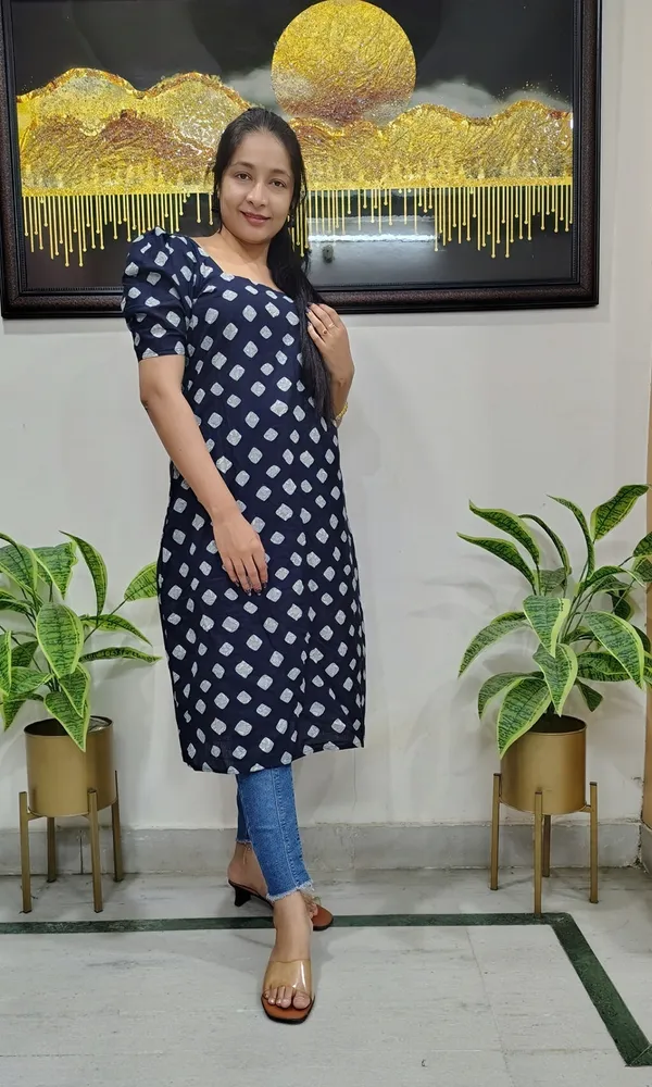 Navy_Blue_Bandhani_Printed_Cotton_A-Line_Kurti_With_Puff_Sleeves_For_Women