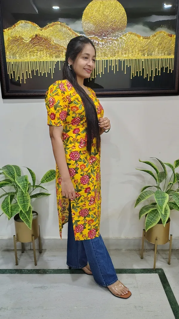 Yellow_Cotton_Floral_Print_Kurti_For_Women
