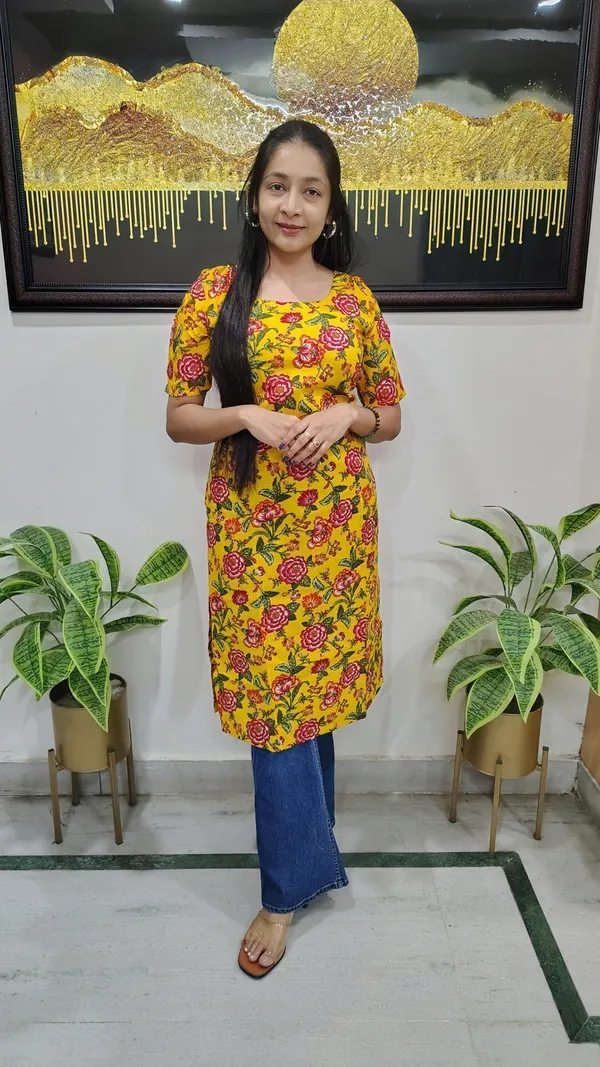 Yellow_Cotton_Floral_Print_Kurti_For_Women