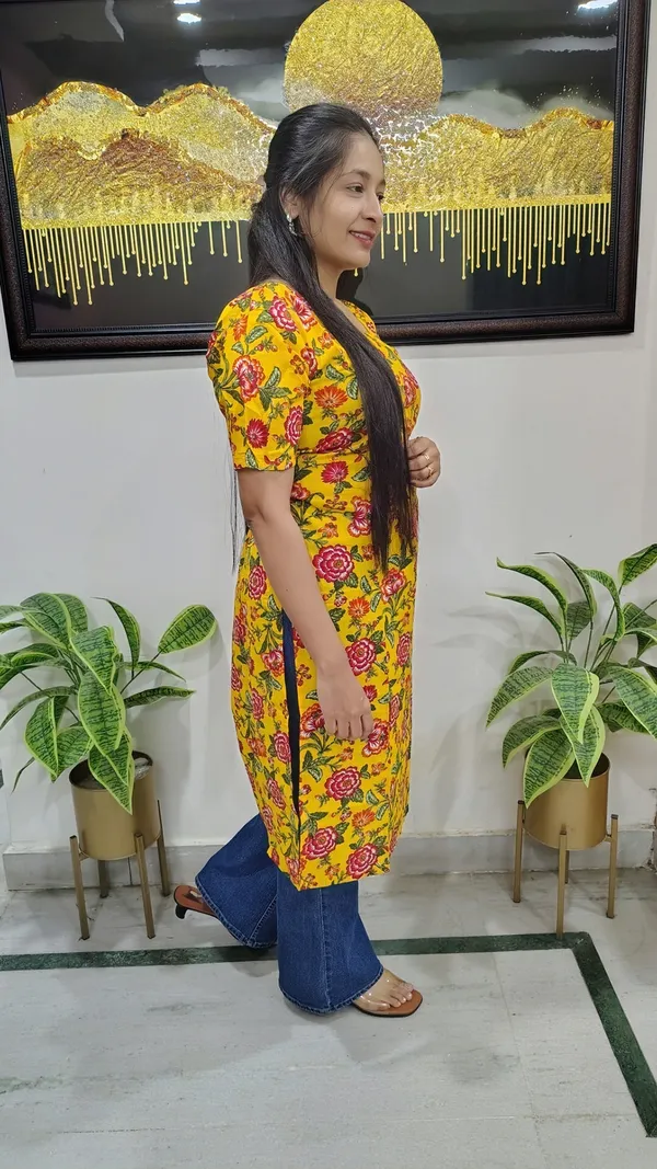 Yellow_Cotton_Floral_Print_Kurti_For_Women