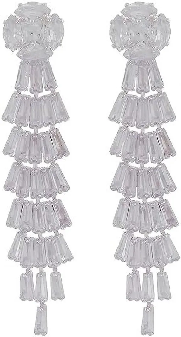 Silver_Elegant_Crystal_Statement_Earrings_With_Cascading_Tiered_Design,Lustrous_Clear_Metal_Earrings_Set