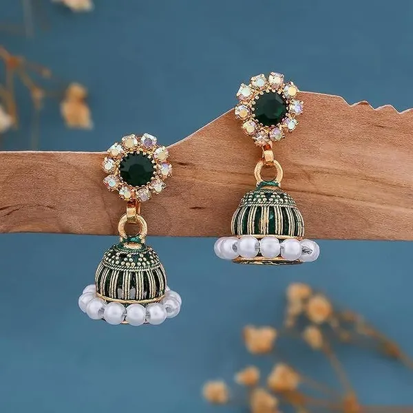 Green_Gold_Plated_Jhumka-Style_Drop_Earrings_With_Intricate_Stone_And_Pearl_Detailing_Metal_Earrings_Set