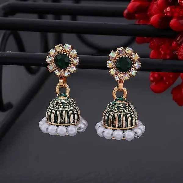 Green_Gold_Plated_Jhumka-Style_Drop_Earrings_With_Intricate_Stone_And_Pearl_Detailing_Metal_Earrings_Set