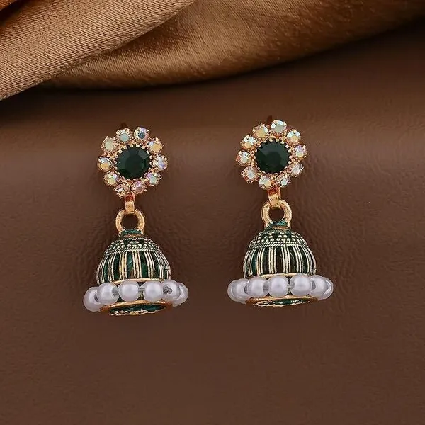 Green_Gold_Plated_Jhumka-Style_Drop_Earrings_With_Intricate_Stone_And_Pearl_Detailing_Metal_Earrings_Set