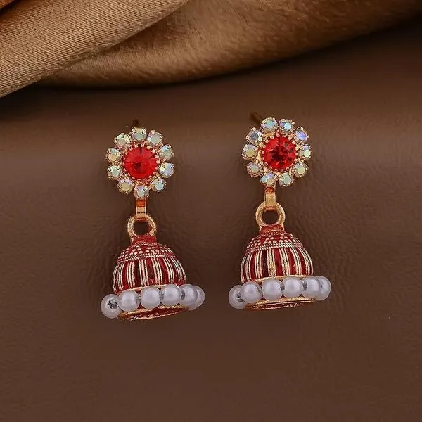Orange_Gold_Plated_Jhumka-Style_Drop_Earrings_With_Intricate_Stone_And_Pearl_Detailing_Metal_Earrings_Set
