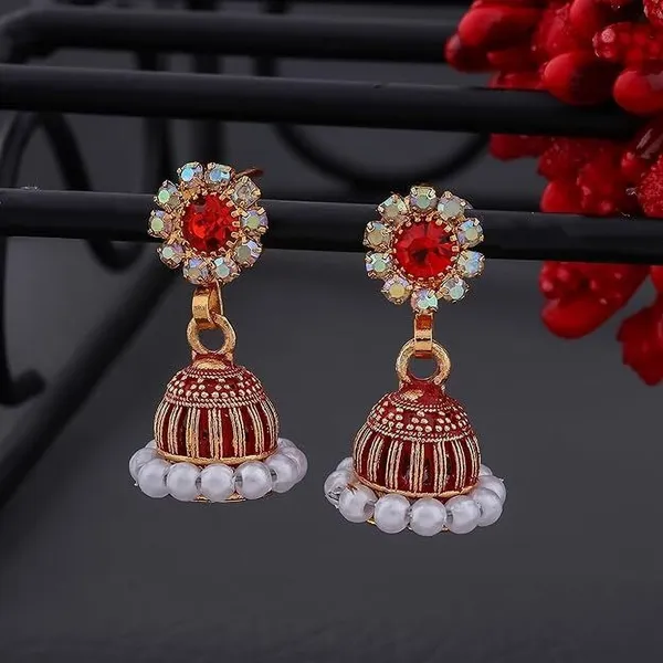 Orange_Gold_Plated_Jhumka-Style_Drop_Earrings_With_Intricate_Stone_And_Pearl_Detailing_Metal_Earrings_Set