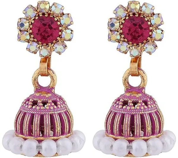 Pink_Gold_Plated_Jhumka-Style_Drop_Earrings_With_Intricate_Stone_And_Pearl_Detailing_Metal_Earrings_Set