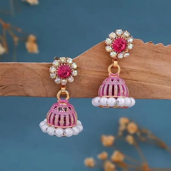 Pink_Gold_Plated_Jhumka-Style_Drop_Earrings_With_Intricate_Stone_And_Pearl_Detailing_Metal_Earrings_Set
