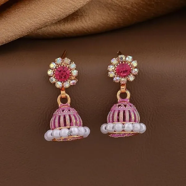 Pink_Gold_Plated_Jhumka-Style_Drop_Earrings_With_Intricate_Stone_And_Pearl_Detailing_Metal_Earrings_Set