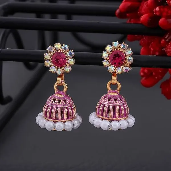 Pink_Gold_Plated_Jhumka-Style_Drop_Earrings_With_Intricate_Stone_And_Pearl_Detailing_Metal_Earrings_Set