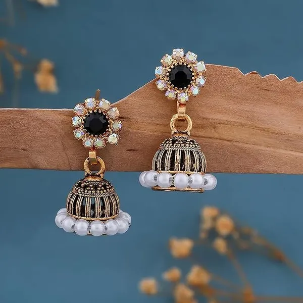 Black_Gold_Plated_Jhumka-Style_Drop_Earrings_With_Intricate_Stone_And_Pearl_Detailing_Metal_Earrings_Set