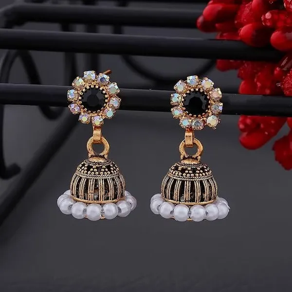 Black_Gold_Plated_Jhumka-Style_Drop_Earrings_With_Intricate_Stone_And_Pearl_Detailing_Metal_Earrings_Set
