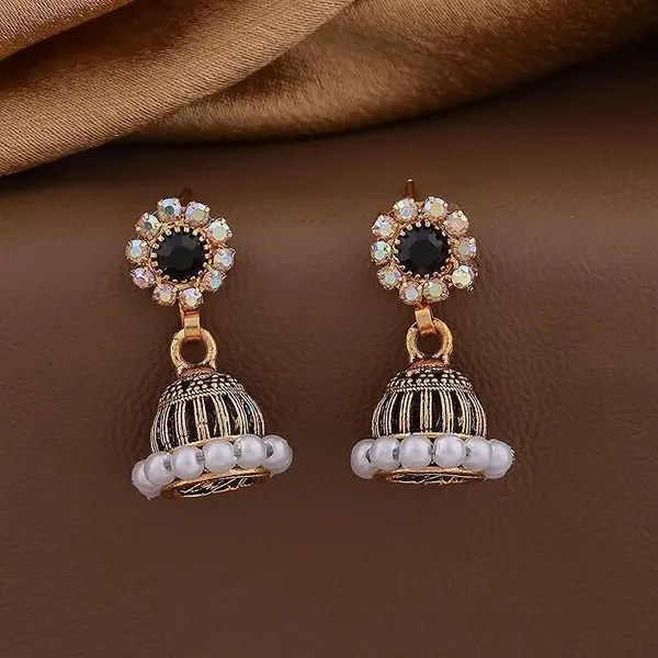 Black_Gold_Plated_Jhumka-Style_Drop_Earrings_With_Intricate_Stone_And_Pearl_Detailing_Metal_Earrings_Set