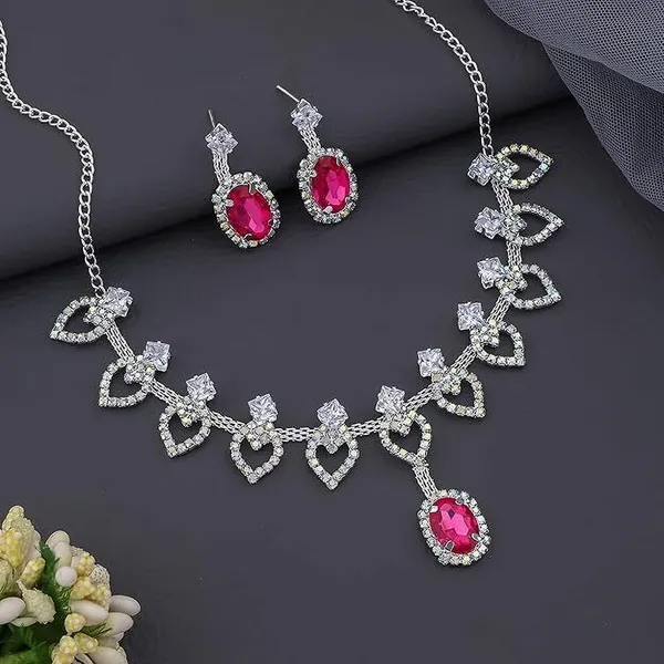 Pink_&_Silver_Zinc_Earring_&_Necklace_Jewellery_Set