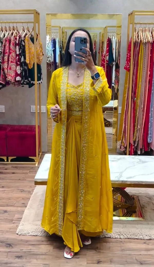Mustard_Yellow_Premium_Chinon_Silk_Sharara_Set_With_Shrug_For_Women