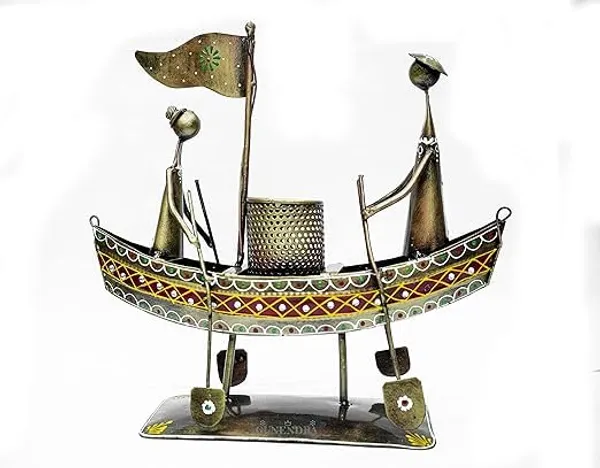 Brown_Iron_Painted_Man_In_Boat_Pen_Holder_Cum_Showpiece_For_Home