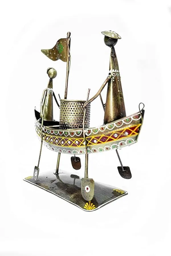 Brown_Iron_Painted_Man_In_Boat_Pen_Holder_Cum_Showpiece_For_Home