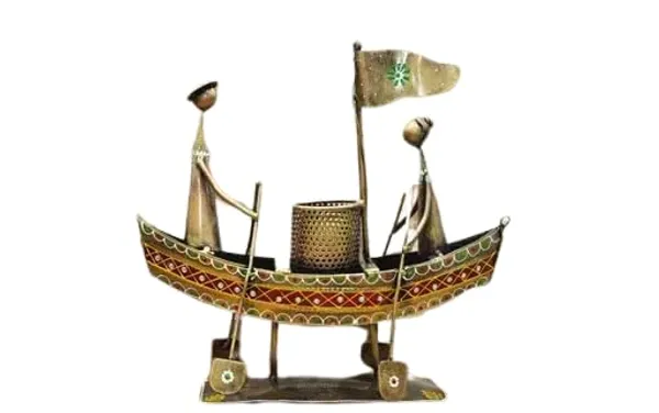 Brown_Iron_Painted_Man_In_Boat_Pen_Holder_Cum_Showpiece_For_Home