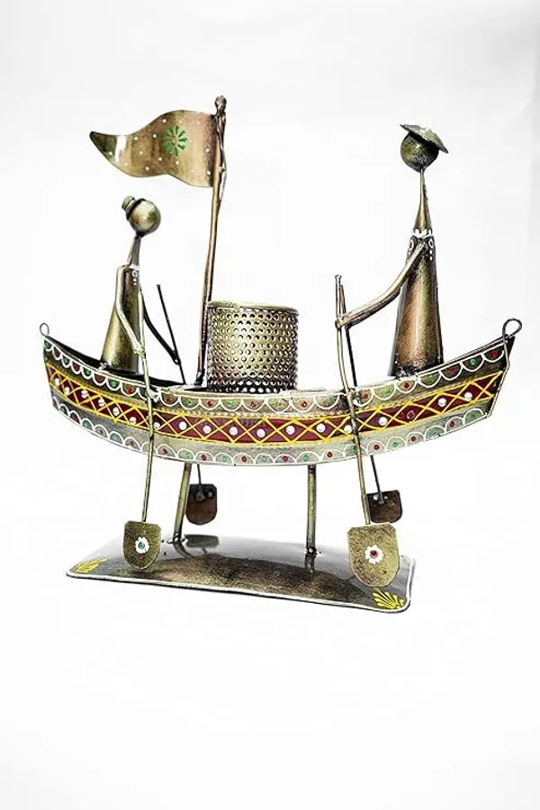 Brown_Iron_Painted_Man_In_Boat_Pen_Holder_Cum_Showpiece_For_Home
