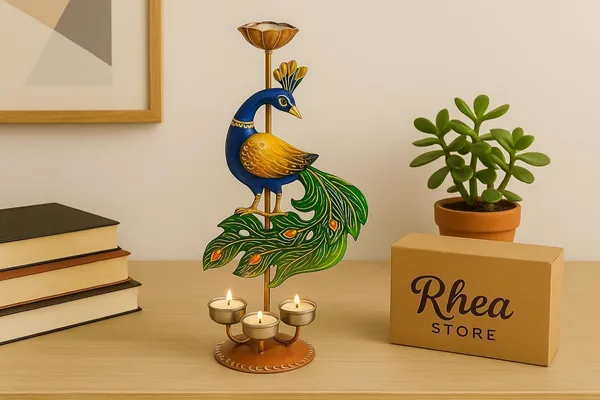 Multicolour_Peacock_Tea_Light_Holder_With_Candles_Unique_Table_Decoration_For_Home