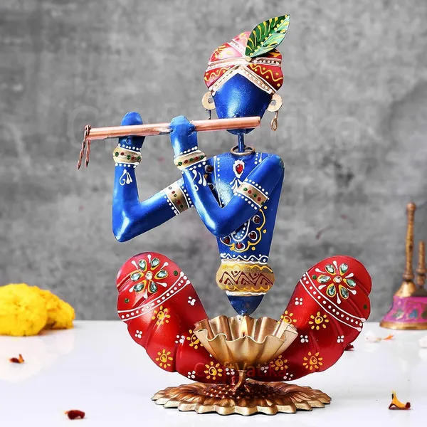 Multicolour_Metal_Krishna_Tea_Light_With_Basuri_Showpiece_For_Home