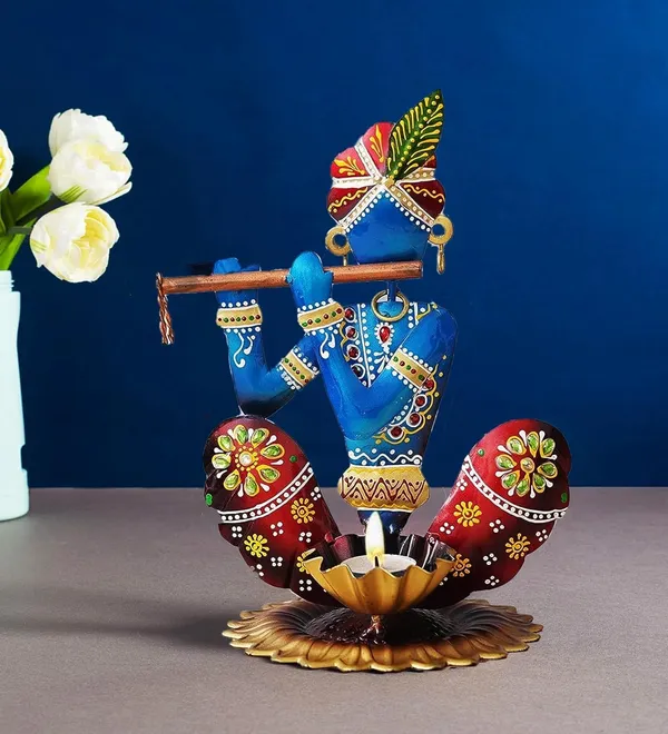 Multicolour_Metal_Krishna_Tea_Light_With_Basuri_Showpiece_For_Home